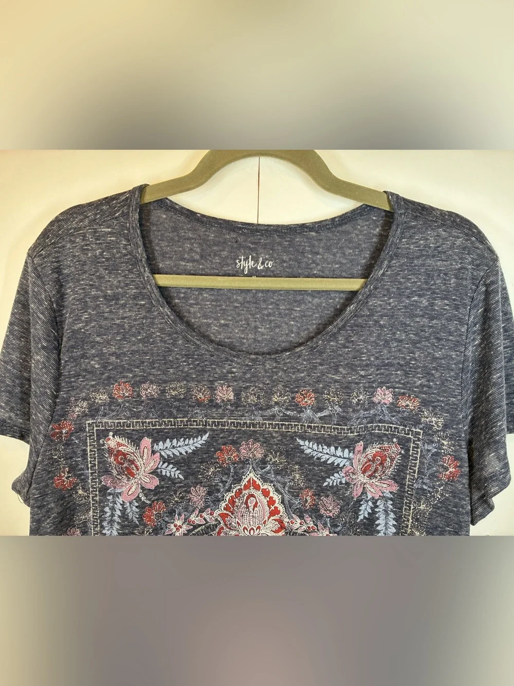 Style & Co. Women's XL Blue Marled Floral Medallion Graphic Short Sleeve Tee Top - Picture 2 of 7